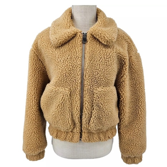 Urban Outfitters Cropped Teddy Jacket Sherpa Fleece Zip Up Coat Tan Size Large - Picture 2 of 4